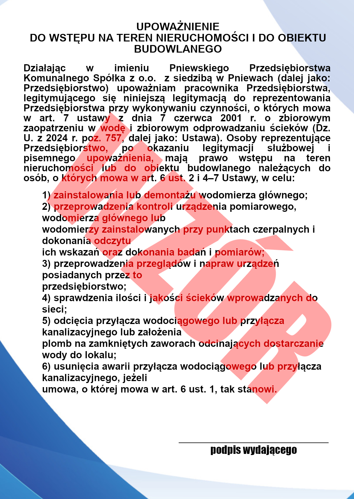 Wz&oacute;r rewersu legitymacji pracowniczej
